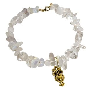 Clear Chip Quartz Charm Gold Owl Bracelet